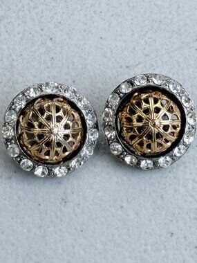 Vintage Filigree Round Earrings Crystal Rhinestones 1970s Gold/Silver Tone Globe